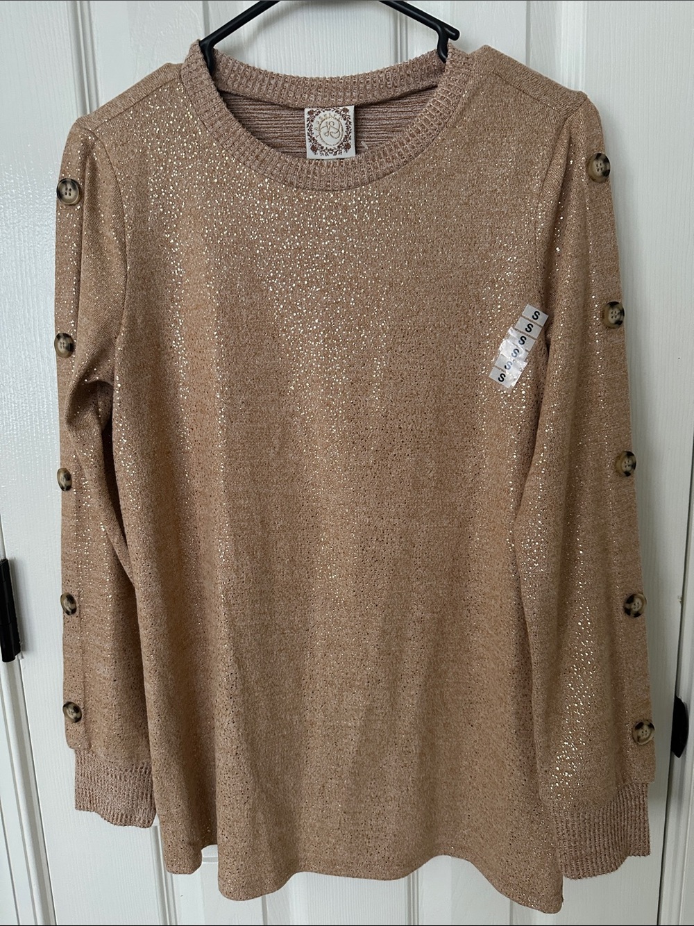 Shimmery Taupe Button-Sleeve Knit Pullover - Unbranded